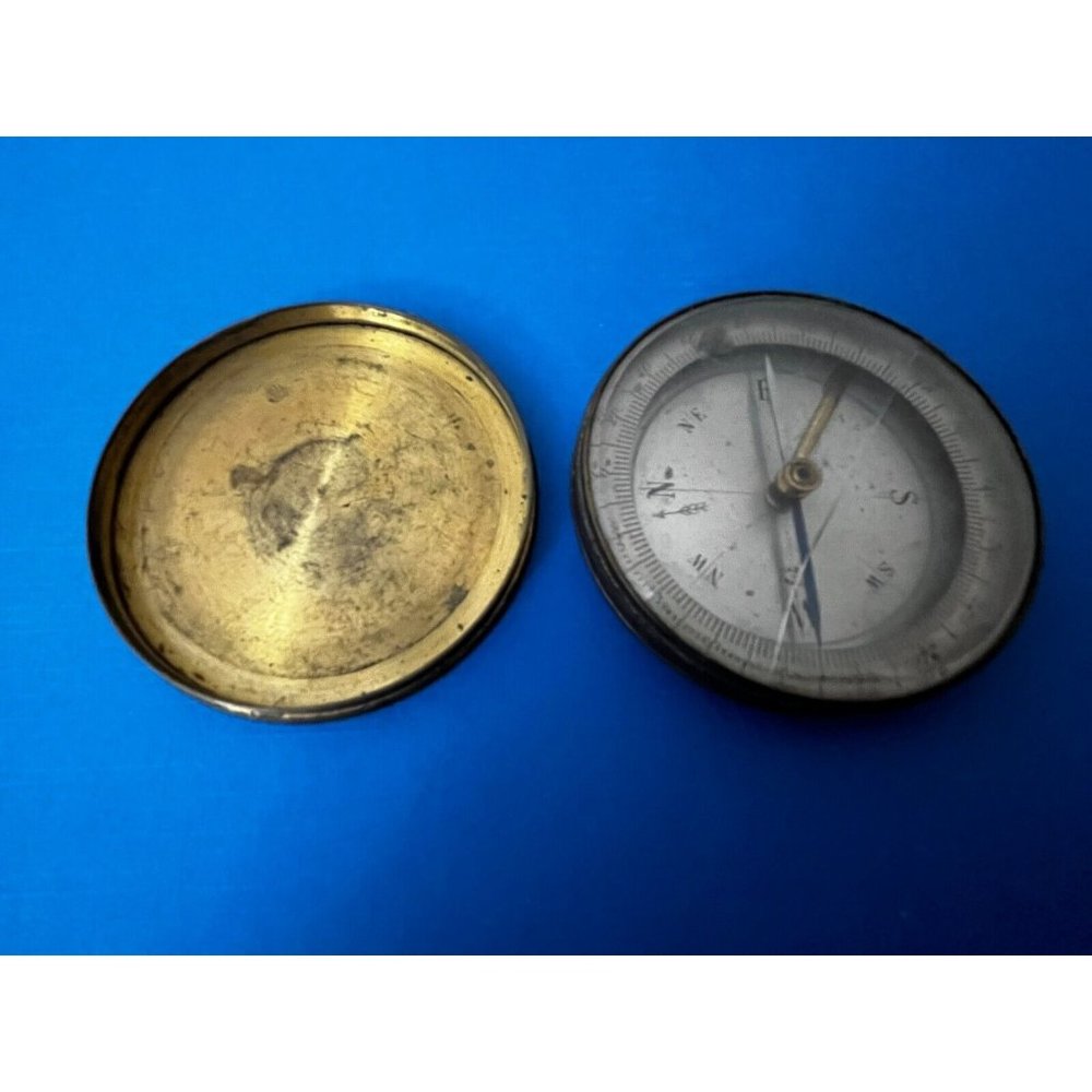 Antique  French Brass Housing Compass glass lens Made in France w cover